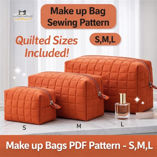 Makeup Bag Sewing Pattern PDF | 3 in 1 Quilted Cosmetic Bag Pattern S M L | Zipper Pouch | Instant Digital Download - Etsy
