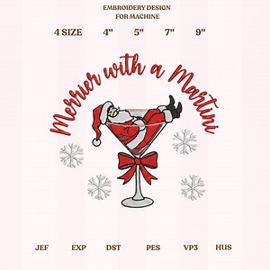 Retro Santa with Martini Glass Embroidery Design, Great for Cocktail Napkins, 4 Sizes