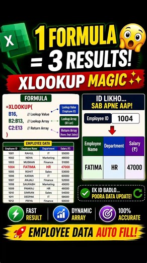 1 Formula = Employee Name, Department & Salary Auto Fill 😱 | XLOOKUP Dynamic Array in Excel #shorts