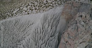 Aerial abstract scene of natural erosion drawinng in desertic mountain. Descending alogn tall rock structure. Strange river basin with linear, membrane like structures. Texture, pattern. Coranzuli