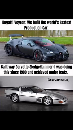 The Callaway SledgeHammer was a single, heavily modified 1988 Chevrolet Corvette built to demonstrate Callaway Cars’ engineering capabilities. It used a twin-turbocharged 5.7-liter V8 producing 898 horsepower, paired with an AeroBody kit by Paul Deutschman to reduce drag and improve stability. Despite its performance focus, the car remained street legal and retained a full interior. On October 26, 1988, it reached 254.76 mph (410 km/h) at the Transportation Research Center in Ohio, setting a rec