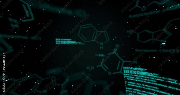 Chemical structures and molecular formulas animation over dark background with floating particles