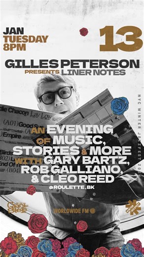 Internationally renowned broadcaster, DJ label owner, festival curator and record collector, Gilles Peterson has played a pivotal role in supporting and promoting underground music globally over the past four decades. Please join us for a unique evening where Gilles enters into a conversation with his records. Accompanied by a series of special guests, he will join the musical dots, playing and chatting about his favorite sounds past, present and future - think of it as a live radio show you can