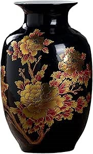 Black Vases Chinese Ceramic Flower Vase Decorated with Peony Design for Home Living Room Display and Gift from Jingdezhen Porcelain