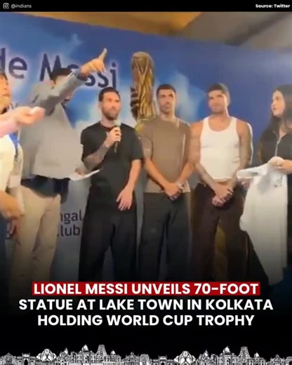 INDIANS on Instagram: "Lionel Messi virtually unveiled his monumental 70-foot statue at Lake Town in Kolkata, instantly becoming a major attraction for football fans. The statue depicts the Argentine superstar holding the prestigious World Cup trophy in his right hand, celebrating his legendary career and historic World Cup triumph. The virtual ceremony attracted fans from across India and around the world, many of whom shared their excitement and admiration on social media. Organizers described