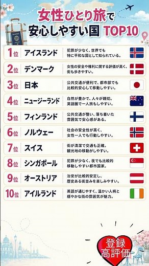 女性ひとり旅で安心しやすい国 TOP10