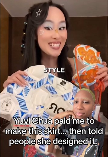 She asked me to make this skirt for free in exchange for a tag. I said no. She paid me $250, then told everyone she designed and made it herself. Now the comments are deleted and the story has changed. Here are the receipts. 🤷🏽‍♀️ #yuyichua #drama #fyp #reciepts #controversy