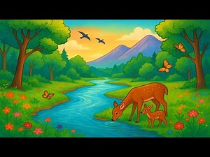 How to Draw Easy Scenery Drawing | Mother Deer, Baby & Nature Art