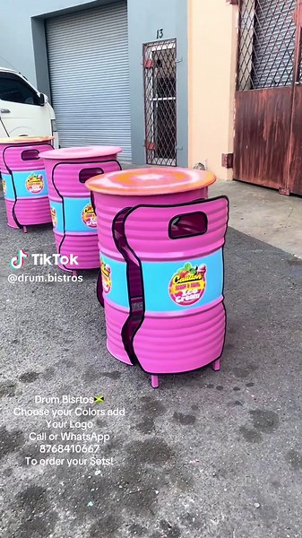 Drum Bistros🇯🇲 Made from Scratch your Colors and add Logo. Great for Outdoor and indoor activities Call or WhatsApp 8768410667 To order your Sets Now!#Bistro #icecream #bars #resturant #Hotels #event #fypシ゚