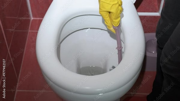 Arms with yellow gloves with toilet brush. A view of busy woman hands in rubber gloves cleaning with brush in the toilet.