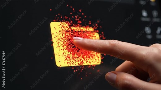 Data Corruption A hand touching a file folder icon that disintegrates into red pixel dust, representing corrupted data. 4k video