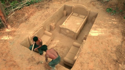 Creative Underground House With Private Living Room Built by Bare Hand in the Jungle