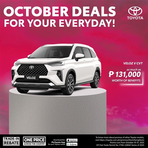 🛣️ Built for city driving and weekend flair. Get up to ₱131,000 worth of benefits on the Toyota Veloz this month! Visit toyota.com.ph/promos/ElectrifyingDeals or connect with your nearest dealer! | Toyota Motor Philippines