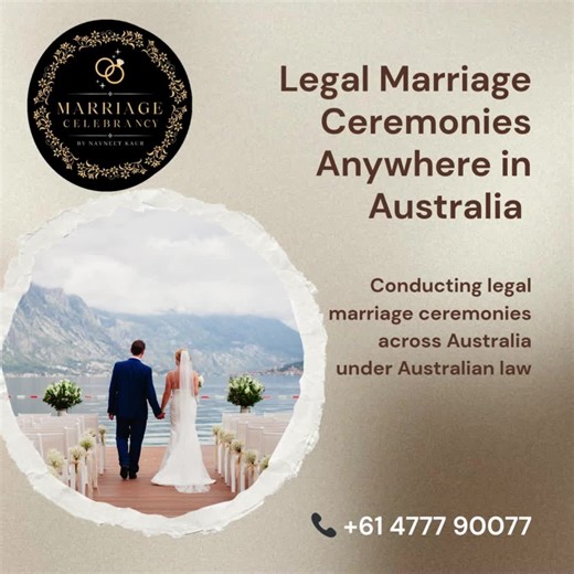 💍 Legal Marriage Ceremonies Anywhere in Australia 💍 Planning your special day? Let your love story be officially and beautifully celebrated 💖 Navneet Kaur, an experienced Australian Marriage Celebrant, conducts legally recognised marriage ceremonies across Australia—simple, elegant, and fully compliant with Australian law. ✨ Whether it’s an intimate ceremony, a grand celebration, or a destination wedding ✨ Personalised vows & meaningful moments ✨ Stress-free, legally valid marriages 📞 Call: 