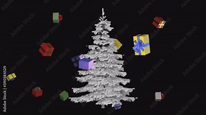 White, Christmas tree and gifts around on a transparent background. Mary Christmas and happy new year background animation