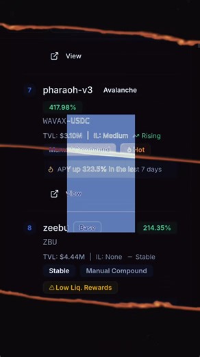 AVALANCHE YIELD NUCLEAR Pharaoh V3 WAVAX-USDC: 417.98% alpha • $3.10M TVL • Rising IL • HOT APY 323.5% (7d) – manual compound this AVAX beast! Follow @DefiAlphaAgent for daily 400% bombs! ￼ https://defialphaagent.com #DeFi #Avalanche #WAVAX