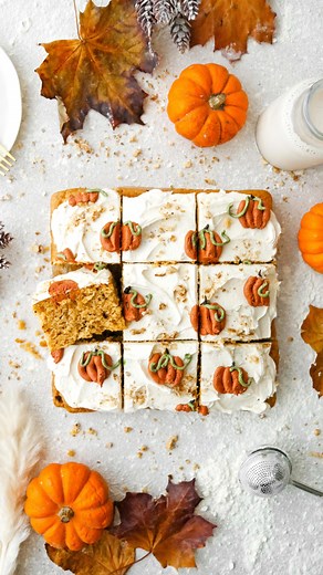 PUMPKIN SHEET CAKE🎃YAY or NAY?? Who wants a slice?? . Soft & fluffy Vegan Pumpkin Spice Sheet Cake is here - Moist pumpkin cake with a smooth cream cheese frosting! No-Egg, No-Dairy, Vegan Easy to make! You’ll love it! 🥰 What you’ll need: 🎃Dairy-free milk 🎃Apple cider vinegar 🎃Sugar 🎃Self raising flour 🎃Pumpkin spice 🎃Raising agents 🎃Vanilla 🎃Pumpkin purée 🎃Oil 🎃Vegan butter 🎃Vegan cream cheese 🎃Icing sugar 🎃Food gels . • Get the recipe- Click the link in my bio or visit thelittle