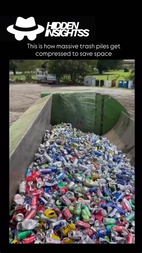 Hidden Insightsss on Instagram: "This video shows how industrial trash compactors compress huge amounts of waste into much smaller, dense blocks to reduce volume. By applying extreme pressure, the compactor squeezes out air and collapses materials like cans, plastic, and packaging into a tighter mass. This makes transportation more efficient, saves landfill space, and significantly lowers hauling costs. It’s one of the most important steps in modern waste management - turning massive piles of tr