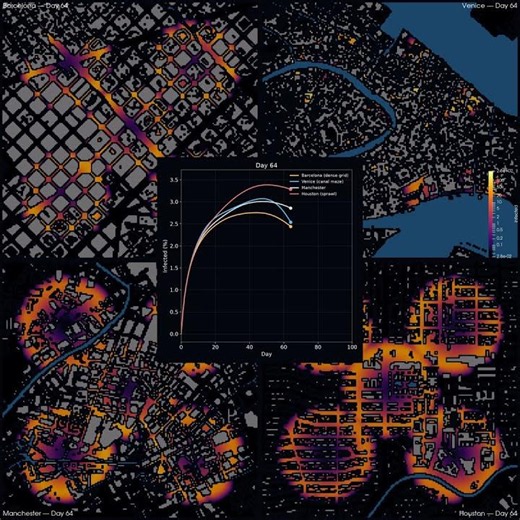 Same virus, four cities: how street layout changes an epidemic