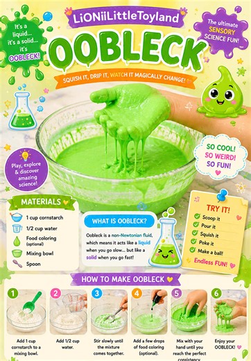 Squish it, squeeze it, and watch it transform! 🟢✨ Oobleck is one of the coolest science experiments that lets kids explore non-Newtonian fluids through hands-on play. 📝 Material and instructions in the comment below ⬇️ #OobleckExperiment #ScienceForKids #SensoryActivities #MessyPlay #CreativeKids