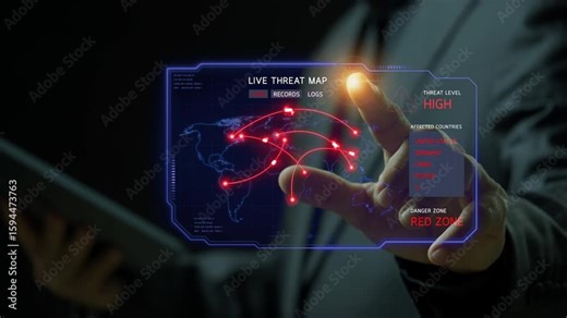 A live cyber threat map animation showing global red zones, attack lines, and digital alert overlays. Perfect for cybersecurity, global network monitoring, or tech presentations.