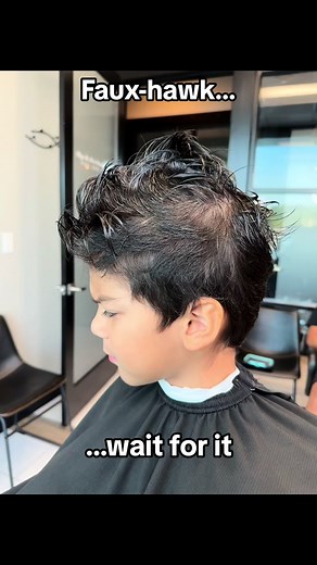 Popular kids cut, the faux-hawk. Wanna know what’s the difference between the mohawk and the faux-hawk? The mohawk has no blend or fade, it’s just a blunt line with either side of the hair shaved completely. The faux-hawk is a mohawk with a nice fade on the sides. It’s a nicer, more modern look. “Faux” means fake or false, basically meaning that it’s not a true mohawk. If you’re in the Houston area and want a great cut of ANY style feel free to reach out to me on TikTok or Instagram @bsharpcutz.