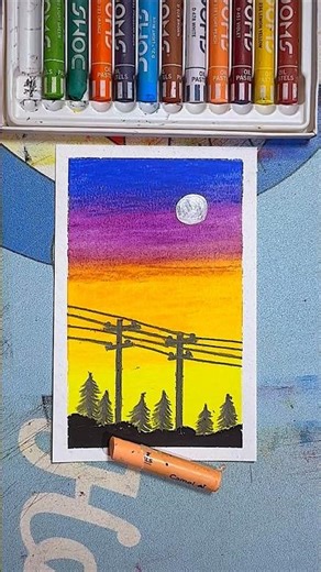 Easy Sunset to Night Sky Drawing 🌙 | Oil Pastel Scenery Step by Step