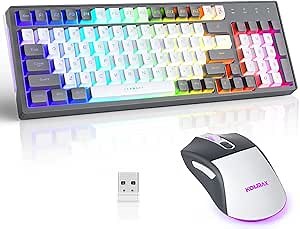 CK98 Wireless Gaming Keyboard and Mouse Combo,Rechargeable RGB Grey Gaming Keyboard RGB Backlit 98 Keys Mechanical Feeling Dual Color Keyboard and Gaming Mouse 3200DPI for PC Mac Gamers(GreyWhite)