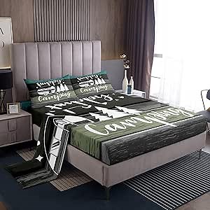Kids Camping Fitted Sheet Set Full Size 4 Pcs,Rustic Farmhouse Style Teens Sheets,Pine Tree Drawing Design Bedding Sets (1 Fitted,1 Flat,2 Pillowcases)