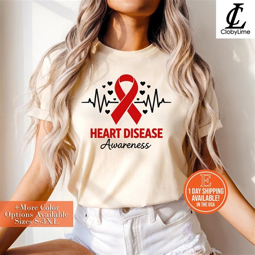 Heart Disease Awareness T-shirt, Red Ribbon Support Gift, Cardiovascular Health Graphic Tee - Etsy