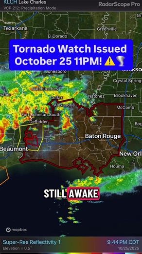 🌪️ TORNADO WATCH ISSUED – Stay Alert Louisiana and Mississippi A Tornado Watch (#632) has been issued by the Storm Prediction Center at 11:05 PM CDT, Saturday October 25, 2025, and remains in effect until 6:00 AM CDT Sunday. ⚠️ Areas Included: Southern Louisiana, southwest Mississippi, and nearby coastal waters — including cities such as Lake Charles, Baton Rouge, Lafayette, Alexandria, and Donaldsonville. 🌀 Threats: \t•\tA couple tornadoes possible \t•\tScattered wind gusts up to 70 mph \t•\t