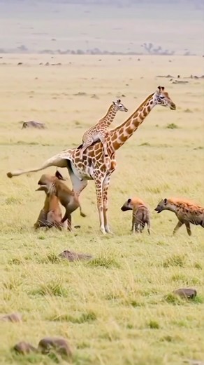 In the wild, every second is survival school. 🦒✨ A brave baby giraffe clings to its mother’s back for safety while hungry hyenas circle below. Giraffe mothers are fiercely protective — using powerful kicks that can crush a predator’s skull. Nature’s lessons: strength, strategy, and the bond that keeps life moving on the savannah. 🐾🌍” ⸻ #Wildlife #SafariLife #Giraffe #NatureDocumentary #WildlifePlanet #AnimalKingdom #Hyena #MotherNature #AnimalLovers #NaturePhotography #EarthFocus #ViralAnimal