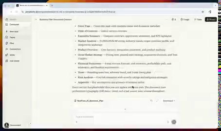 I just experimented with Perplexity Computer and it blew my mind.With a single prompt, I was able to generate a complete business plan including:- Executive Summary- Market Analysis- Go-to-Market Strategy- Financial Projections- Team OverviewAnd the best part? It was instantly exportable as a shareable PDF.The potential here is huge. Tools like this aren’t just speeding up work they’re transforming how we create, plan, and execute ideas.It makes me wonder: what will the future of business planni