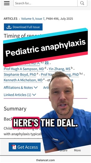 Most pediatric anaphylaxis cases can be safely, monitored for two hours after epinephrine as biphasic reactions are rare, but patient with cardiovascular involvement or severe asthma may need longer observation. Risk factors for repeat dosing include severe symptoms, asthma on controller, medications, pre-hospital, epinephrine, and corticosteroid use in the emergency department #medicine #medical #doctor #doctorsoftiktok #greenscreen