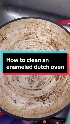 My enameled dutch oven and bread oven desperately needed cleaned 😬 If you have tough stains in your enameled pans here’s how to clean them 1. Fill the pan with water 2. Add 1-2 tablespoons of baking soda to the water 3. Bring water to a boil and leave for 8-10 minutes 4. Let cool a little bit before pouring the water and rinsing with warm soapy water. If you don’t let it cool first it can crack the enamel. 5. Gently scrub with a soft scrubby/sponge/dish cloth And there you have it! Are you tryi