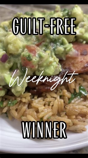 This tasty weeknight Forkcast offers all the flavor with none of the guilt! Chipotle Chicken with Cilantro Lime Rice & Avocado Salsa is a weeknight wonder! What’s in it: * 4-6 boneless, skinless chicken thighs * 3-4 ripe avocados, cubed * 2 roma tomatoes, diced * 1/2 red onion, diced * 1 bunch cilantro, finely chopped * 1-2 Tbsp chopped pickled jalapeño (optional) * 1/2 medium yellow onion, chopped * 4-5 cloves garlic, minced * 1 Tbsp butter * 2 tsp salt (1 tsp for salsa, 1tsp for chicken) * 1/2