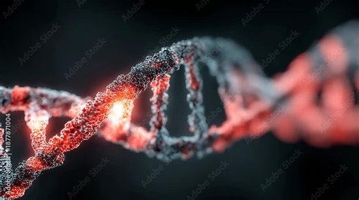 Detailed 3D DNA Helix Structure Glowing With Red Light In Dark Futuristic Scientific Background