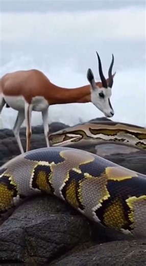 African Rock Python vs Dama Gazelle on the a rocky Cape shoreline with pounding surf