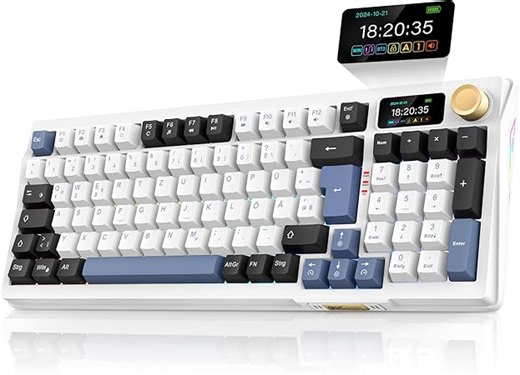 RedThunder K95 Kabellose Mechanische Gaming Tastatur mit 1,88” Display & Knopf, QWERTZ 96 Tasten, Gasket, BT/USB-C/2,4GHz, Software, Hot-swap, Linear-Pink-Schalter, RGB, 8000mAh (Blau-Weiß)