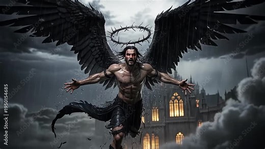 Fallen Angel with Black Wings and Halo Flying Above a Gothic Castle in a Stormy Sky.
