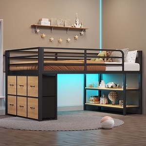 Low Loft Bed Twin Size with 6 Fabric Drawers and Storage Shelves, Twin Metal Loft Bed with LED Lights,15" H Safety & Guardrail Stairs, Furniture for Home, White / Black