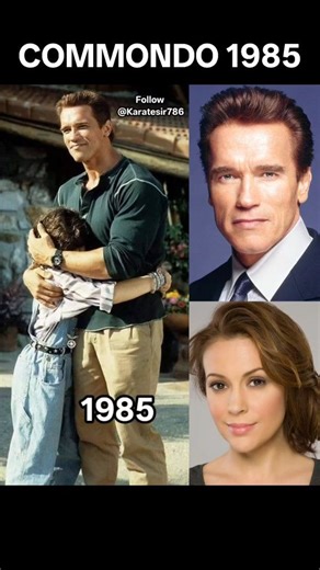 The image features Arnold Schwarzenegger and Alyssa Milano in a publicity still for the 1985 film Commando. Schwarzenegger plays John Matrix, a retired Special Forces colonel, and Milano plays his daughter, Jenny. The plot involves Matrix being forced back into action when his daughter is kidnapped, leading to a rescue mission. The film is known for its classic '80s action, one-liners, and explosive fight scenes. It was directed by Mark L. Lester and produced by Joel Silver. | KARATE SIR