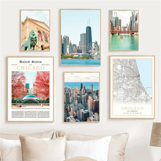 Chicago Print Set of 6, Chicago Map Artwork Decor, Chicago Travel Poster, Chicago Wall Art Photos, Digital Chicago Printable, Illinois Gifts - Etsy