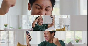 Asia young people teen man read good news message sitting at home sofa couch happy fun joy laugh smile in job hired result on mobile, award bonus, win online trade, sale order, loan money pay approve.