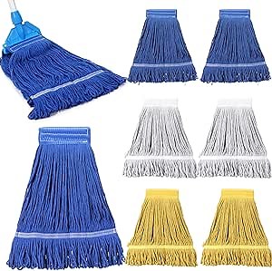 Hushee 6 Pcs Commercial Mop Head Replacement 18 oz Loop End Cotton String Mop Heads Home Mop Refill for Commercial Industrial General and Floor Cleaning, Blue, White, Yellow