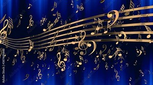 A musical staff, notes and and musical symbols float in mid-air on a blue gradient curtain background.