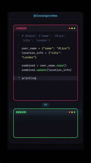 Junior vs Senior Python (dict merge) 🤯 #shorts #python #coding #correctcoding @ilovealgorithms ​