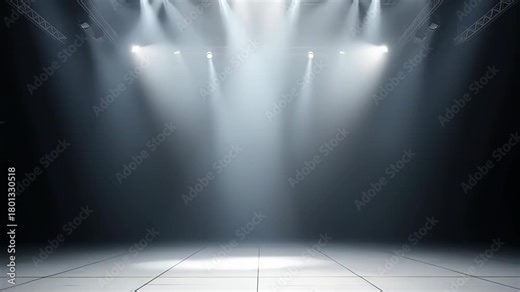 Dramatic Spotlight Illuminating Empty Fashion Runway Stage With Smoke Effects and Stage Lights Overhead In A Dark Studio