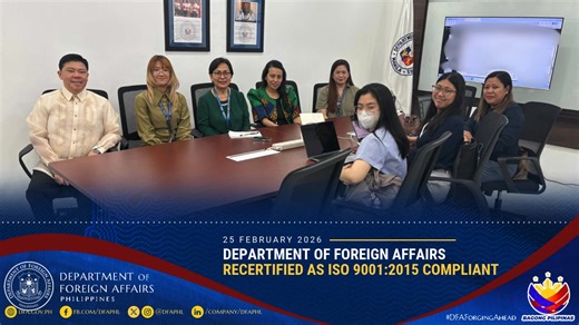 The Department of Foreign Affairs (DFA) retained its ISO 9001:2015 certification following a recertification audit last year. From October 21 to 24 and November 3, 2025, the DFA underwent a thorough sampling audit conducted by Bureau Veritas SA, an independent third-party ISO certification body. Read full story 👉🏻 https://tinyurl.com/ypvau4w4 #DFAForgingAhead | Department of Foreign Affairs, Republic of the Philippines