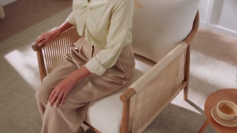 CHITA Braid Accent Chair, Modern Armchair with Solid Wooden Armrest for Living Room and Bedroom, Boho Reading Chair, Cream